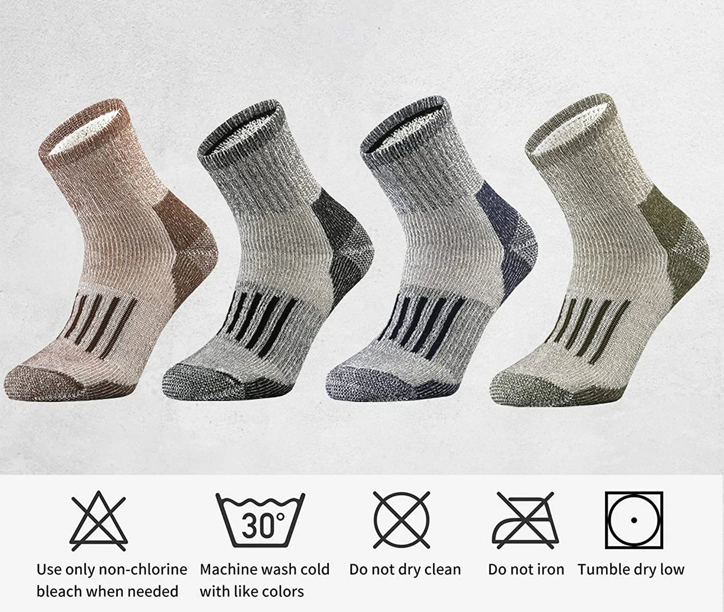 4 Pairs 65% Merino Wool Socks - Thick Warm Hiking Cushion Crew Socks for Men & Women