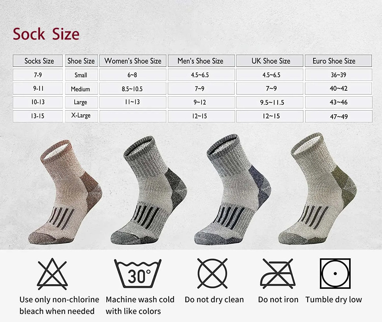 4 Pairs 65% Merino Wool Socks - Thick Warm Hiking Cushion Crew Socks for Men & Women