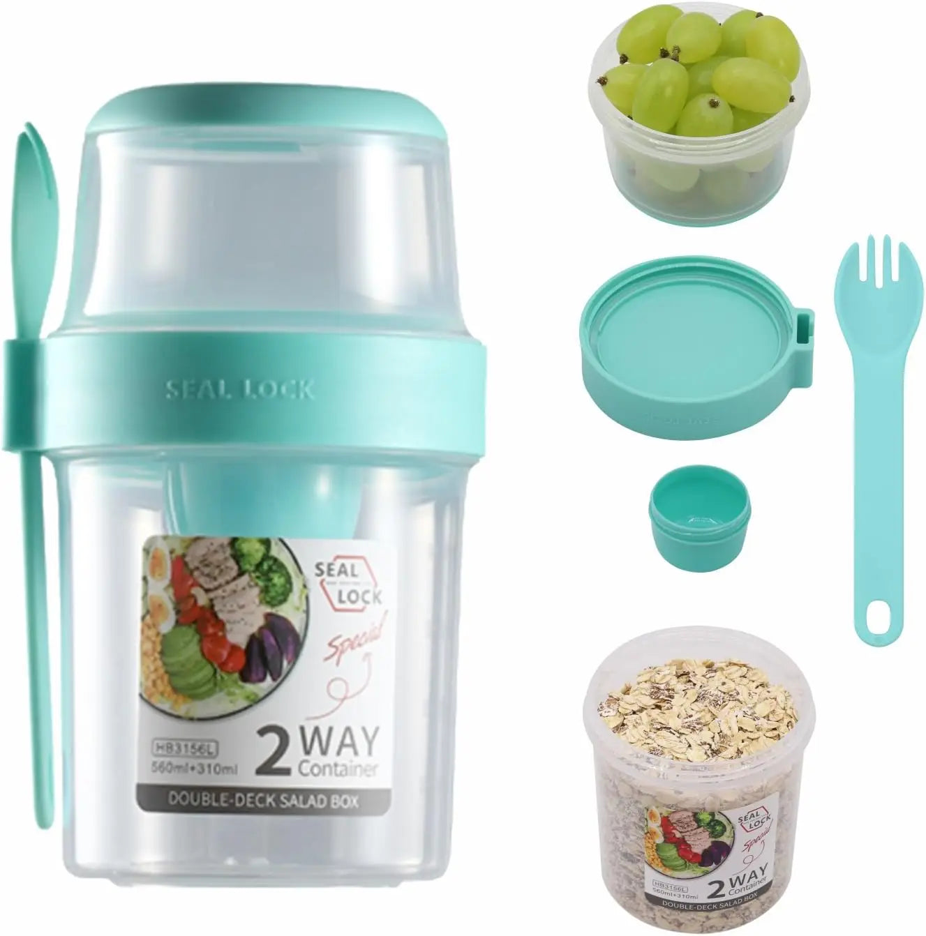 Leakproof 3-Compartment Meal Prep Cup Set – Built-In Dressing Holder & Fork for On-the-Go Meals - HeabitLife
