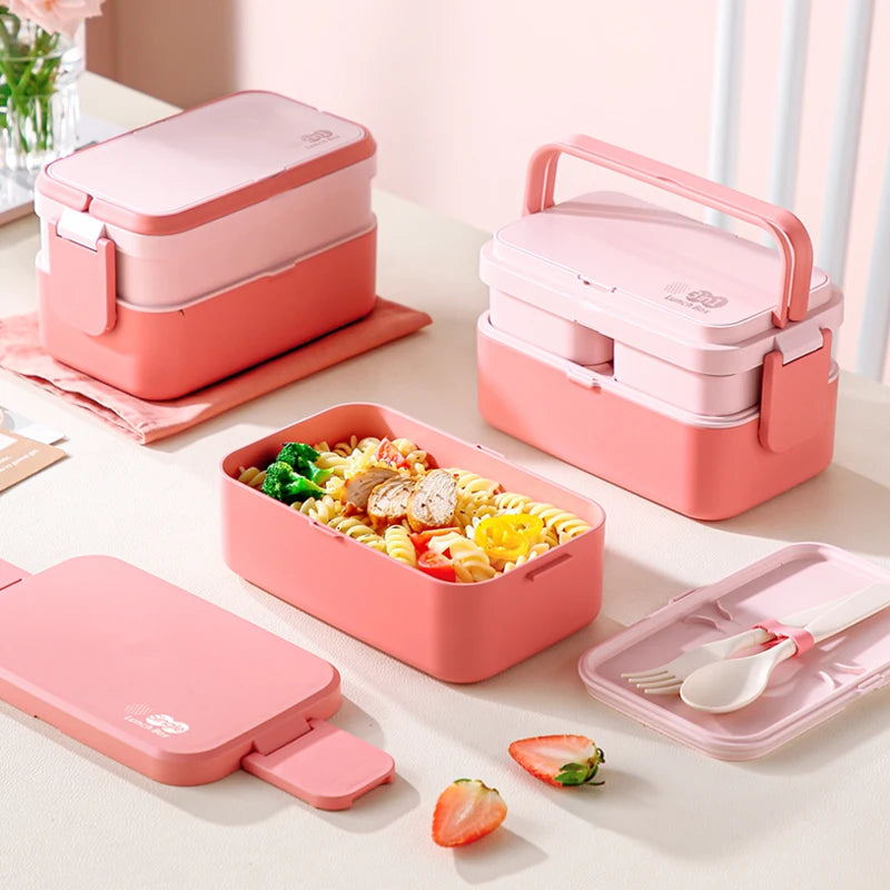 Portable Lunch Box with Double Layers and Built-In Cutlery - HeabitLife