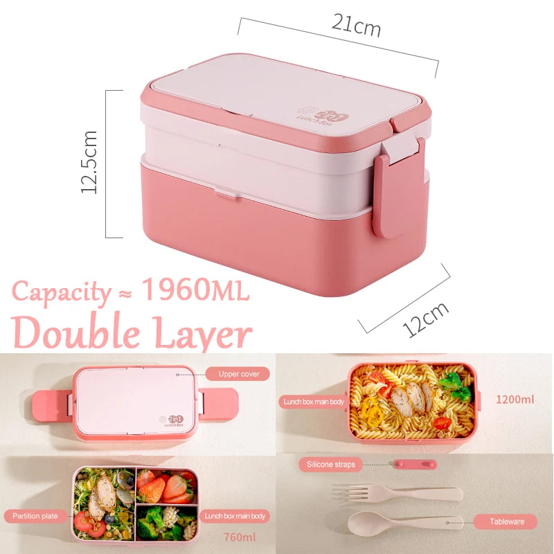 Portable Lunch Box with Double Layers and Built-In Cutlery