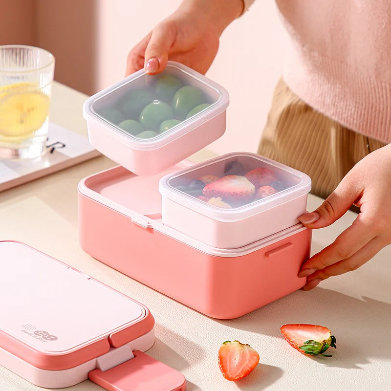 Portable Lunch Box with Double Layers and Built-In Cutlery