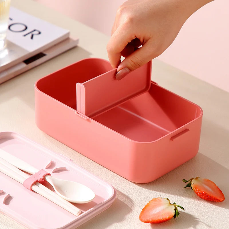 Portable Lunch Box with Double Layers and Built-In Cutlery