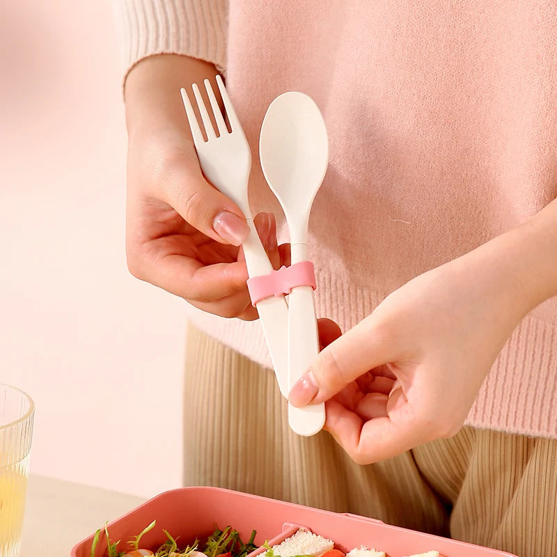 Portable Lunch Box with Double Layers and Built-In Cutlery