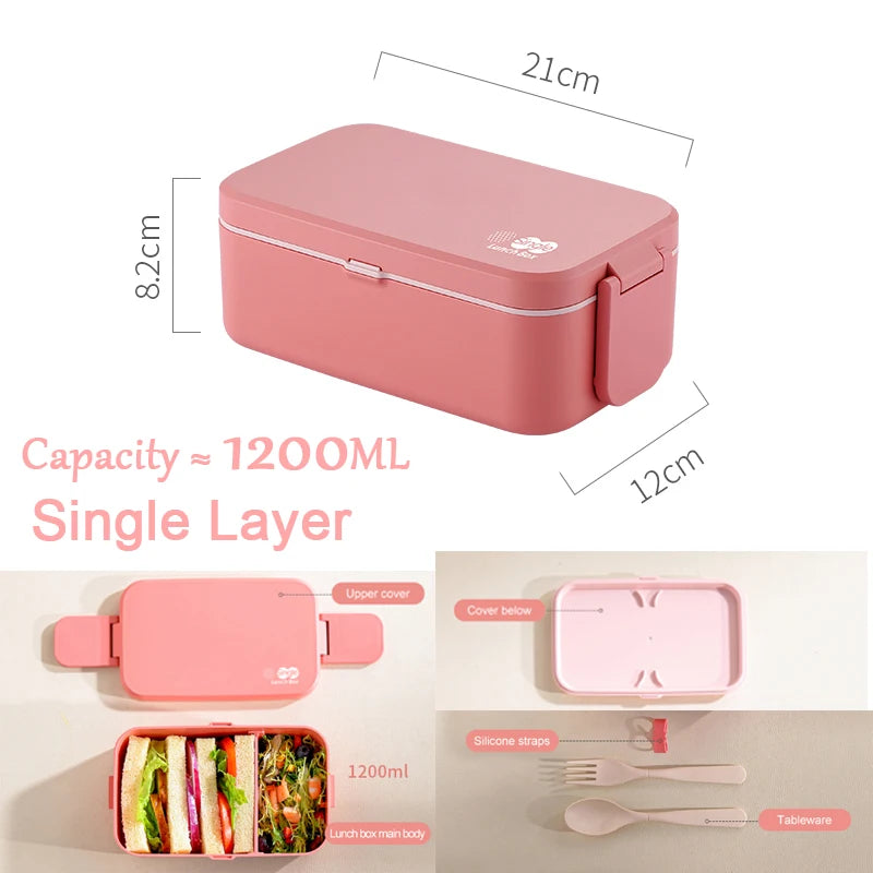 Portable Lunch Box with Double Layers and Built-In Cutlery