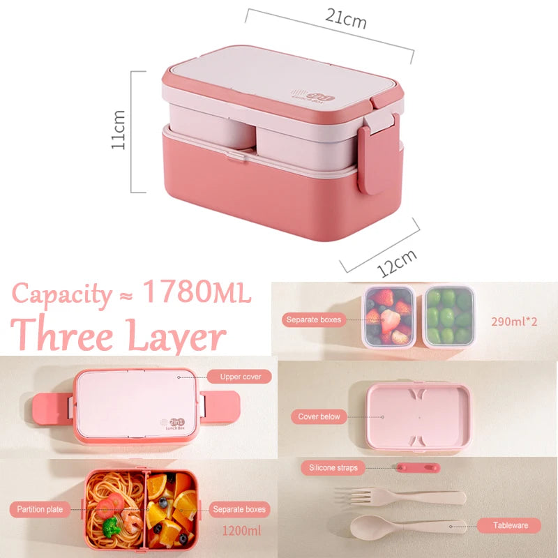 Portable Lunch Box with Double Layers and Built-In Cutlery